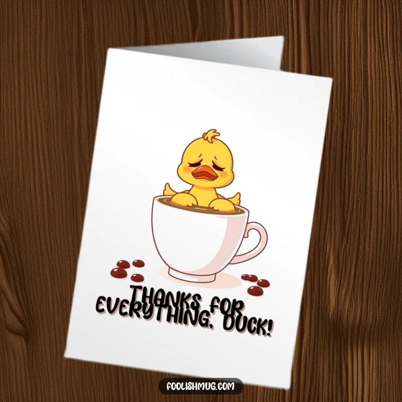 Funny Free Printable Thank You Card: A Rubber Ducky Character Looking Exasperated in a Teacup of Coffee