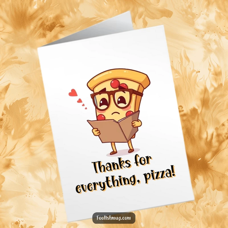 Funny Free Printable Thank You Card: A pizza slice wearing tiny spectacles, looking utterly confused at a massive menu, conveying thanks playfully.