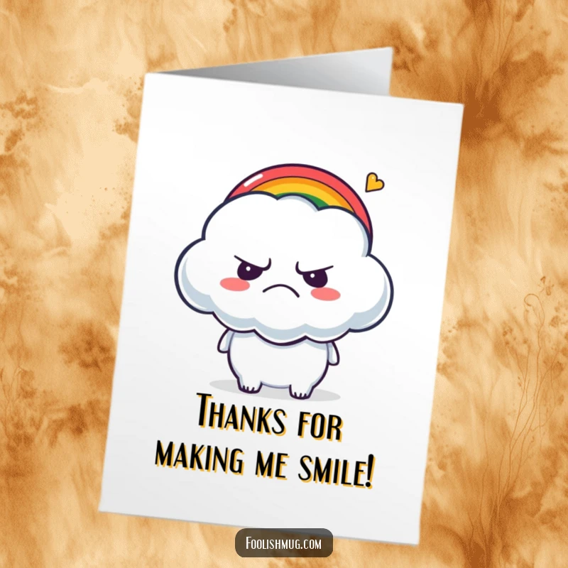 Funny Free Printable Thank You Card: A grumpy cloud with a slight smile being tickled by a small rainbow.