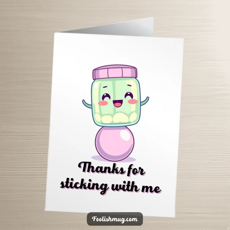 Funny Free Printable Thank You Card: A wobbly jelly jar character expressing thanks while balancing.