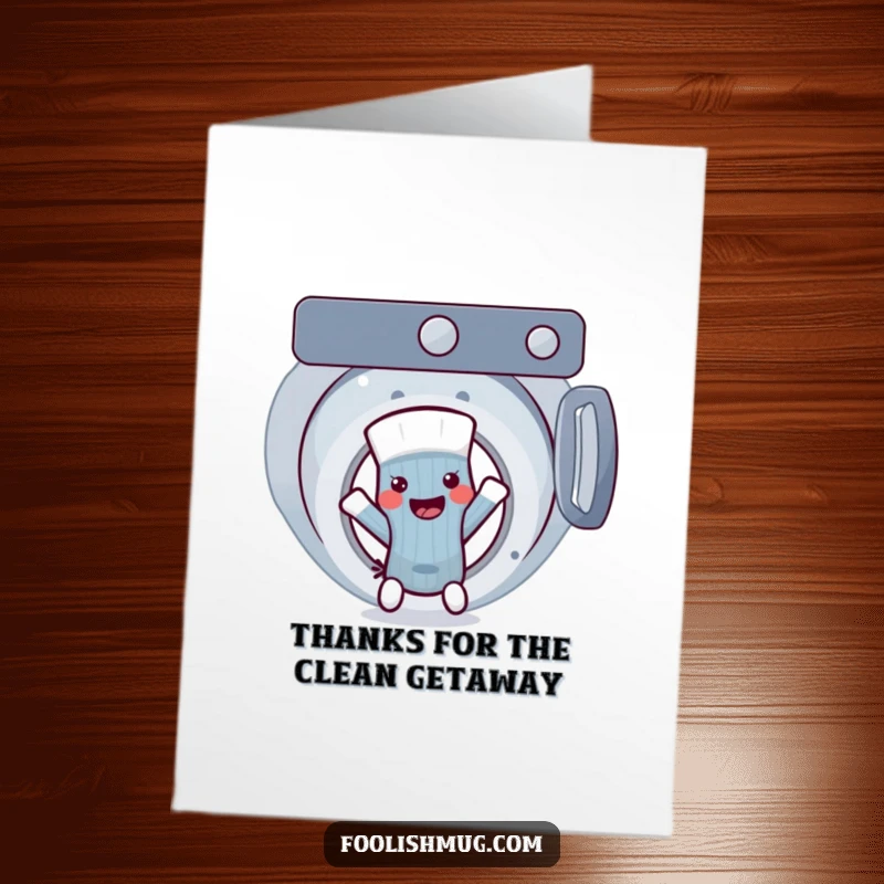 Funny Free Printable Thank You Card: Sock character joyfully escaping a washing machine to say thanks.