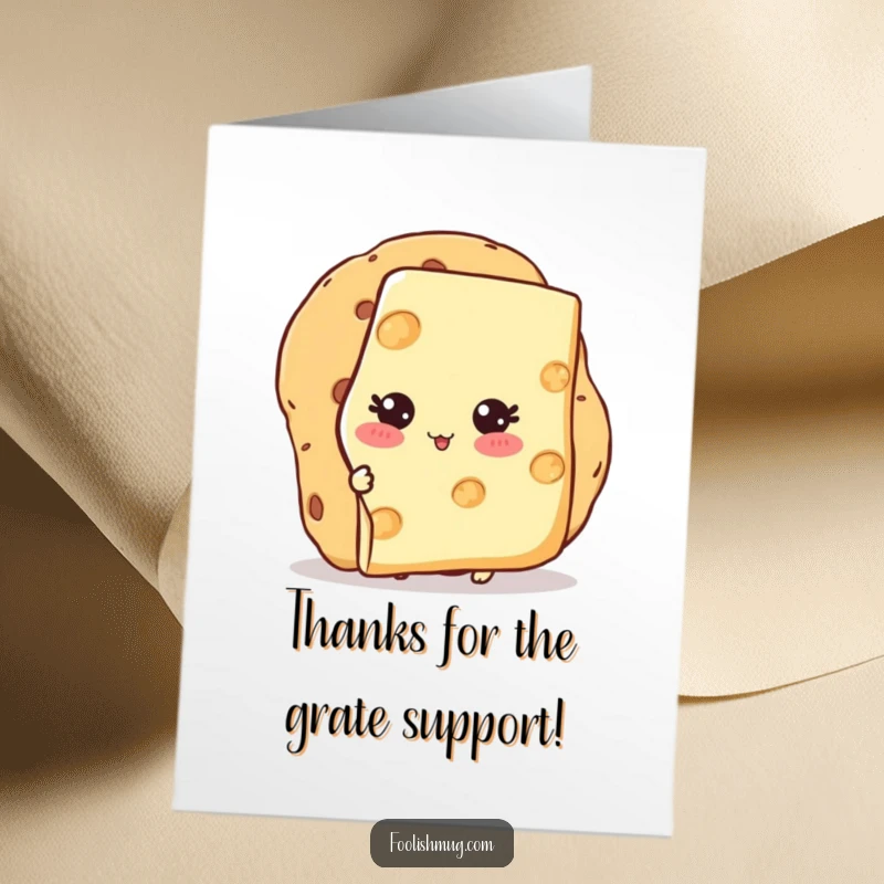 Funny Free Printable Cheesy Thank You Card: A blushing slice of cheese hides shyly behind a giant cracker, offering a sweet and funny thank you.