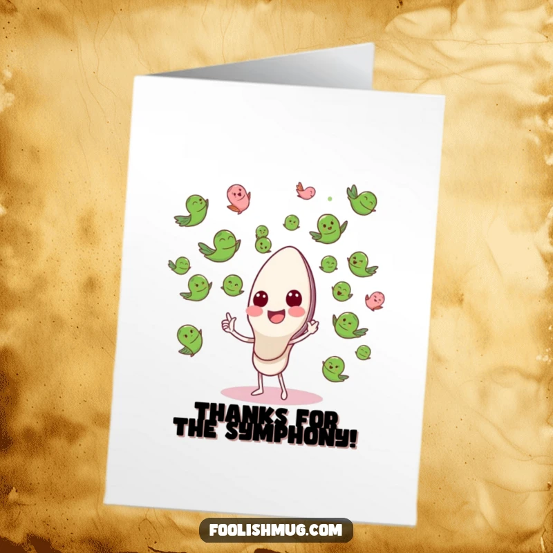 Funny Free Printable Spoon Conductor Thank You Card: A happy spoon character leads an orchestra of flying peas, conducting a musical thank you.