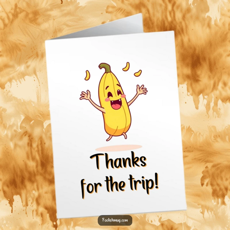 Funny Free Printable Thank You Card: Juggling banana peel character comically slipping on itself in a funny, awkward pose.