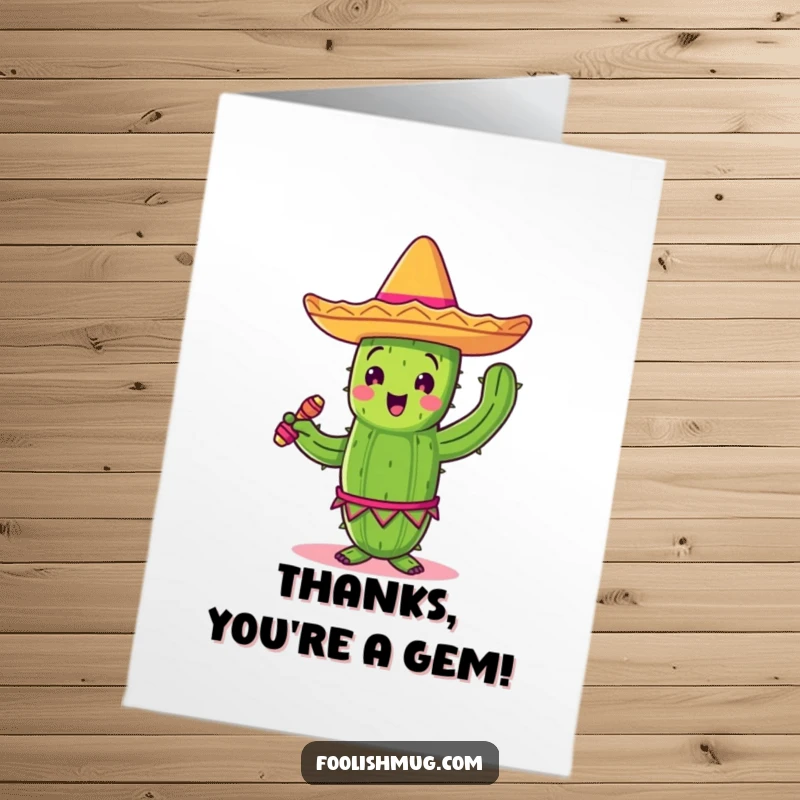 Fiesta Free Printable Thank You Card: A cactus wearing a sombrero and shaking maracas, dancing its thanks to you.