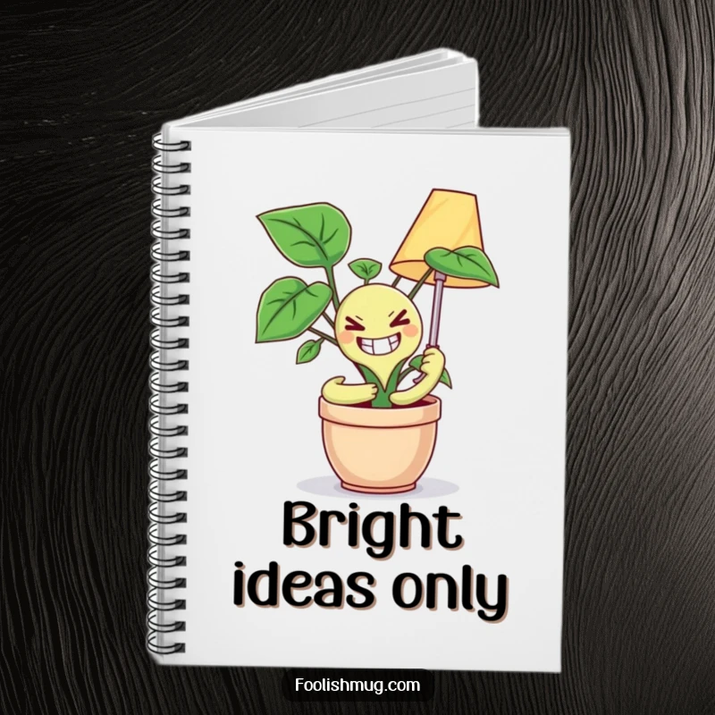 Funny notebook cover with a potted plant showing a maniacal grin trying to hug a lamp, inspiring unusual ideas and humorous note-taking.