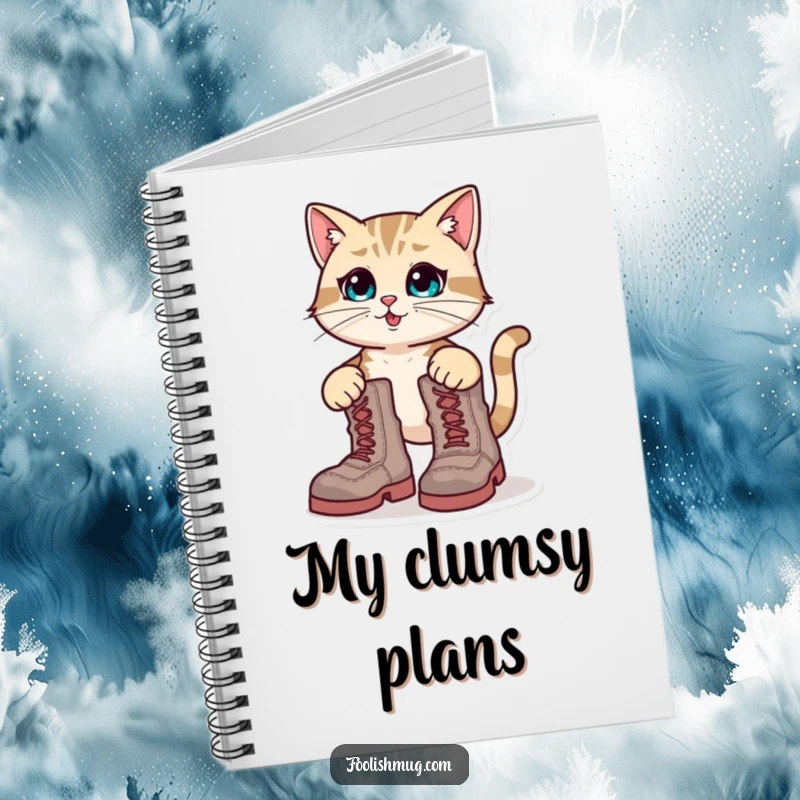 Funny Notebook: A cat comically trying to stuff its paws into oversized boots, ready for jotting notes.