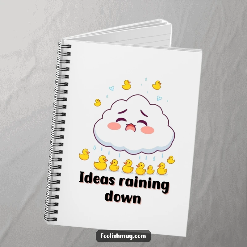 Funny startled cloud character raining small bouncing rubber ducks, a whimsical notebook for jotting down creative ideas, a funny gift.