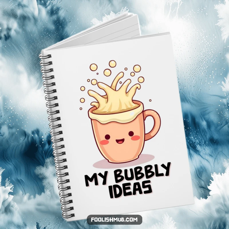 Funny Notebook: A cheerful coffee mug character overflowing with bubbly liquid, ready for jotting ideas.
