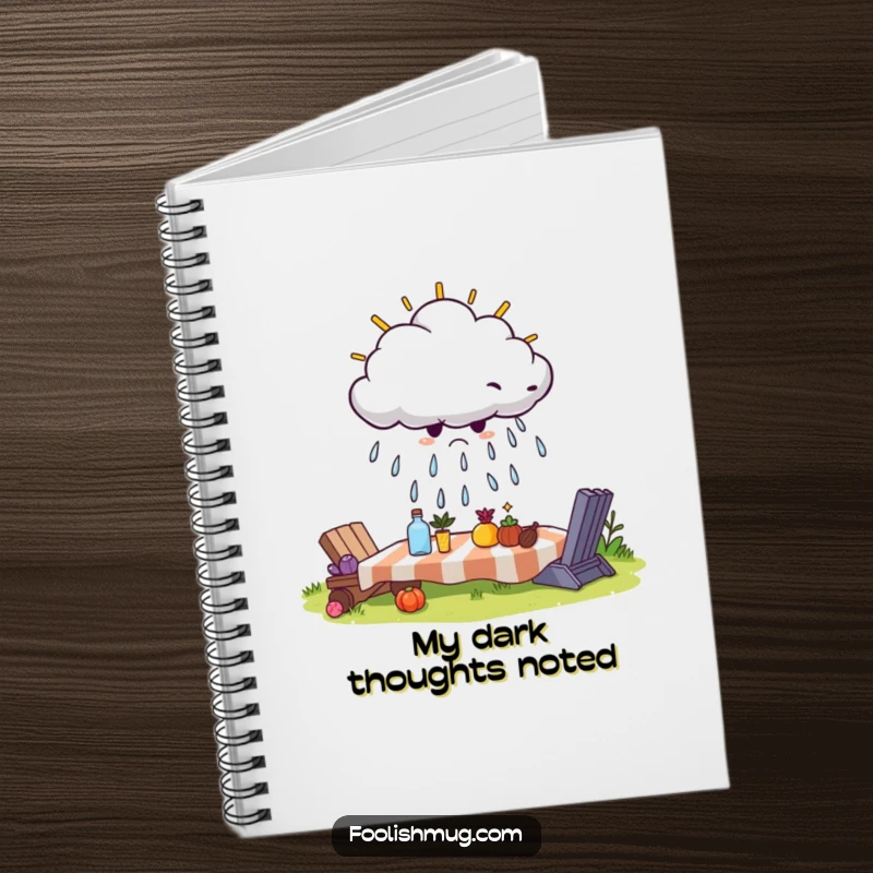 Funny notebook cover with a grumpy cloud trying to rain on a sunny picnic, inspiring realistic and humorous note-taking.