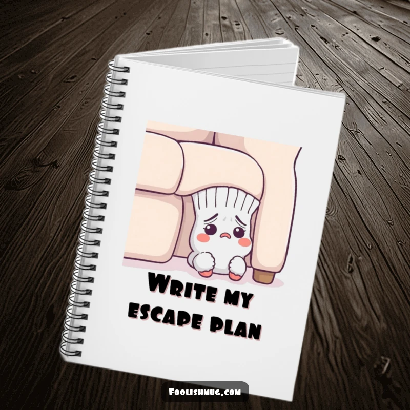 Funny Notebook: A flustered sock character peeking out from under a sofa, perfect for journaling or note-taking.