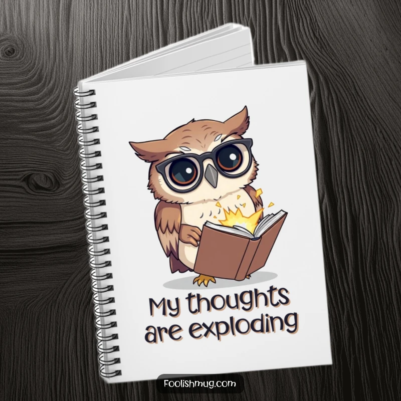 Funny notebook with a confused owl wearing spectacles, trying to read a tiny exploding book, perfect for journaling and a funny gift.