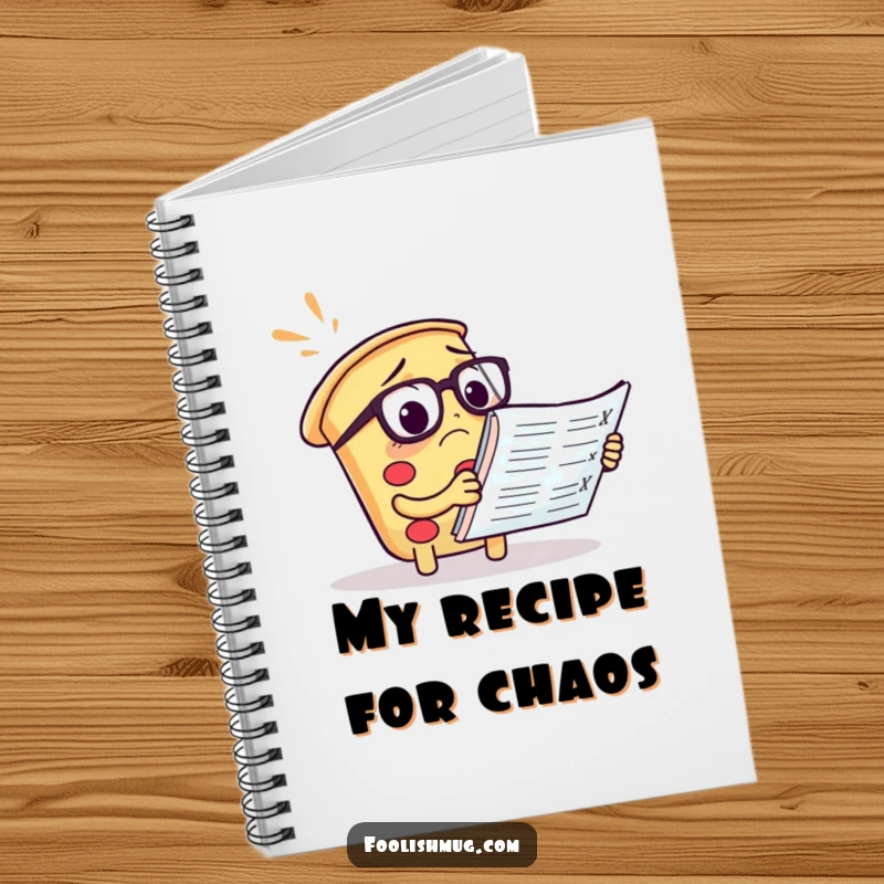 Funny pizza notebook with a confused slice wearing spectacles reading a menu, perfect for writing.