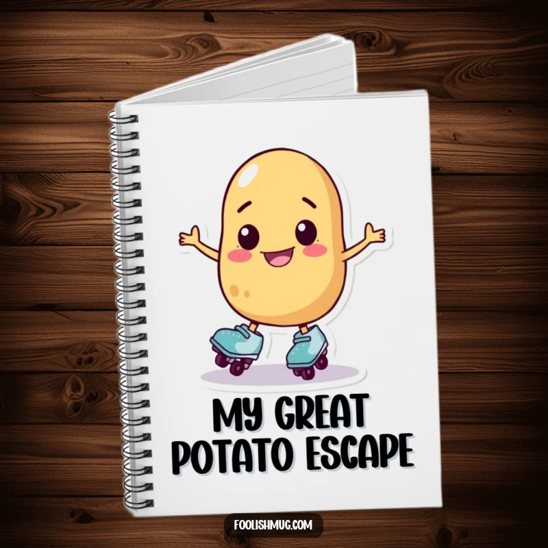 Funny potato character on roller skates wobbling, lined notebook, perfect funny gift for students and creatives.