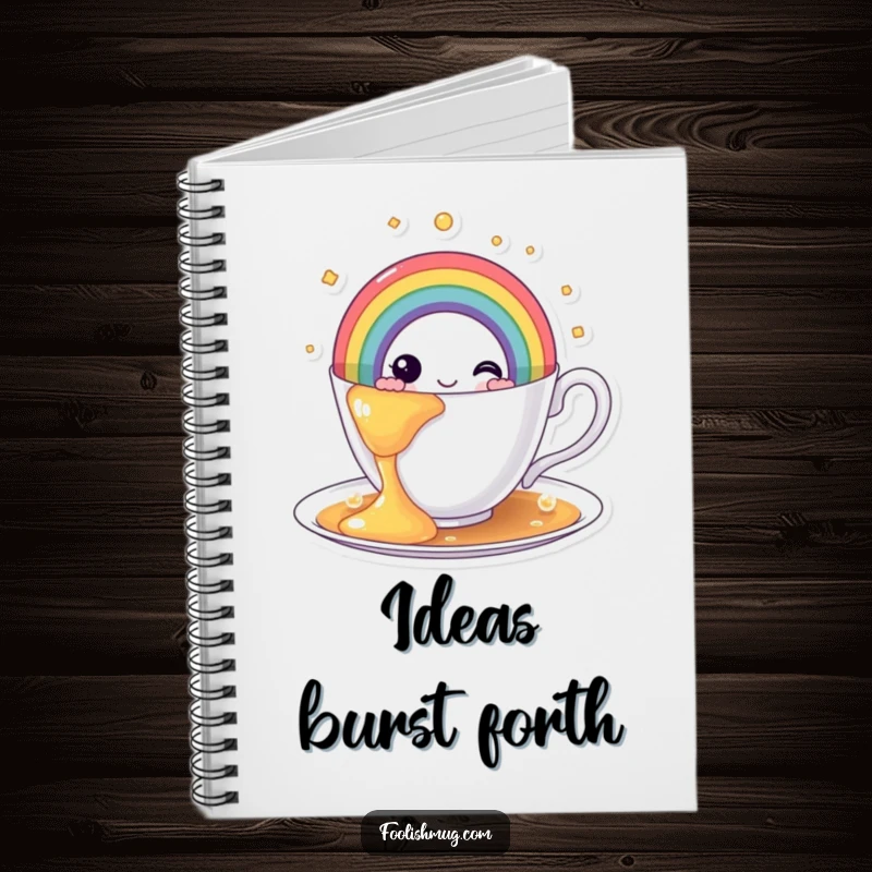 Funny rainbow teacup notebook, featuring a teacup overflowing with a colorful rainbow, perfect for journaling creative ideas.