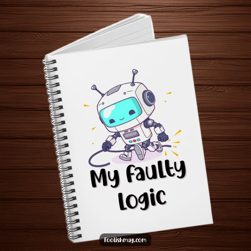 Funny notebook with a clumsy robot tripping over its power cord with sparks flying, ideal for writing and as a funny gift.