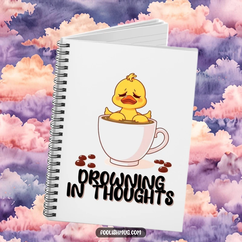 Funny notebook with a rubber ducky trying to swim in a teacup of coffee, perfect for jotting down ideas with a humorous twist.