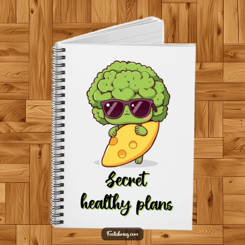 Funny shy broccoli notebook, with a broccoli in sunglasses hiding behind cheese, perfect for writing down funny ideas or secrets.
