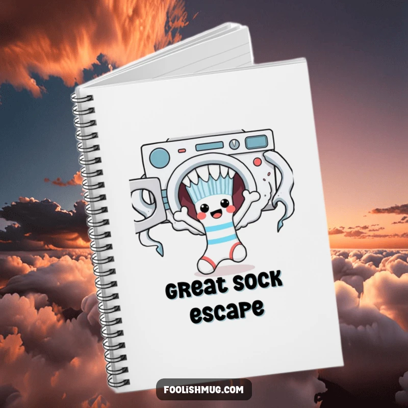 Funny sock character escaping a laundry monster on the cover of a notebook.