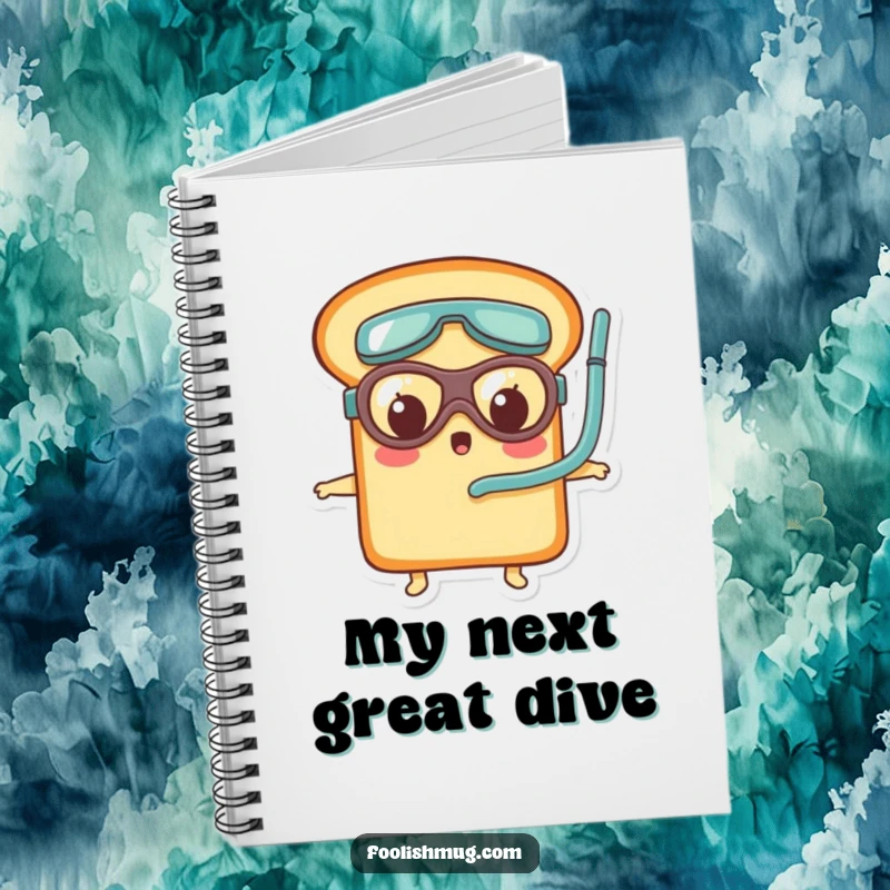 Funny bread loaf character wearing tiny goggles and snorkel, looking surprised on a notebook cover, ready for creative ideas.