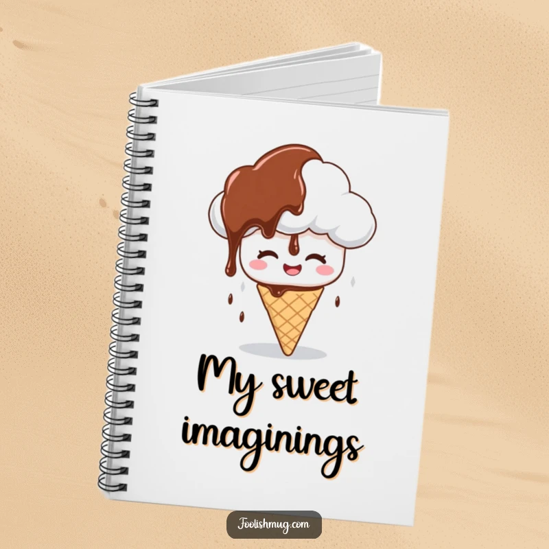 Funny notebook with a giggling cloud character raining chocolate syrup on a confused ice cream cone, ideal for writing and as a funny gift.