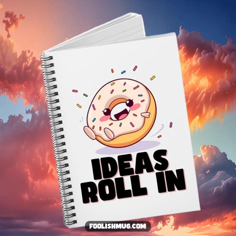 Funny Notebook: A happy donut character clumsily rolling downhill with flying sprinkles on this notebook. Whimsical and humorous stationery.