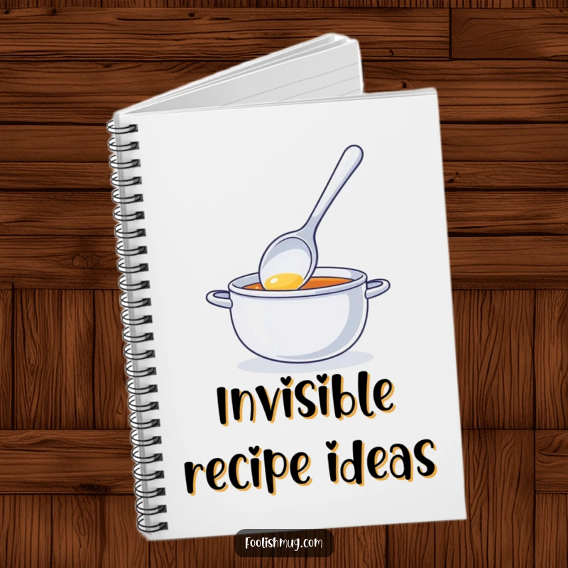 Funny notebook with a shiny spoon character stirring invisible soup, perfect for noting down thoughts with a touch of kitchen humor.