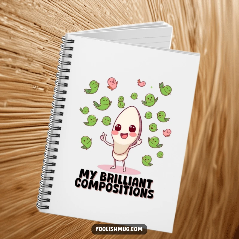 Funny Notebook with a happy spoon conducting a flying pea orchestra, for capturing ideas with whimsical flair.