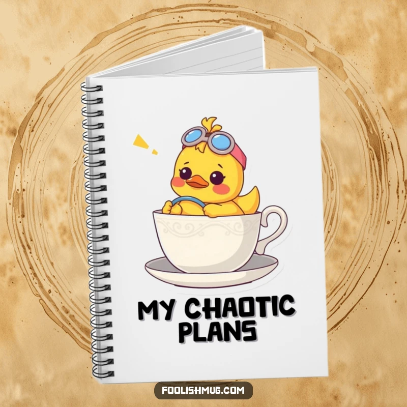 Funny notebook with a confused rubber ducky character piloting a teacup, designed for jotting down whimsical ideas.