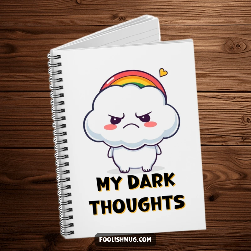 Funny Notebook: A grumpy cloud character being tickled by a small rainbow, ready for jotting down thoughts.