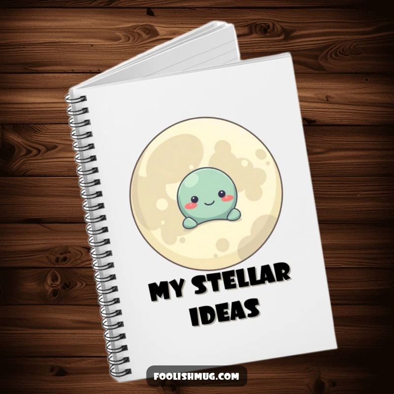 Funny Notebook: A shy planet character hides behind a smiling moon, perfect for jotting down cosmic ideas.