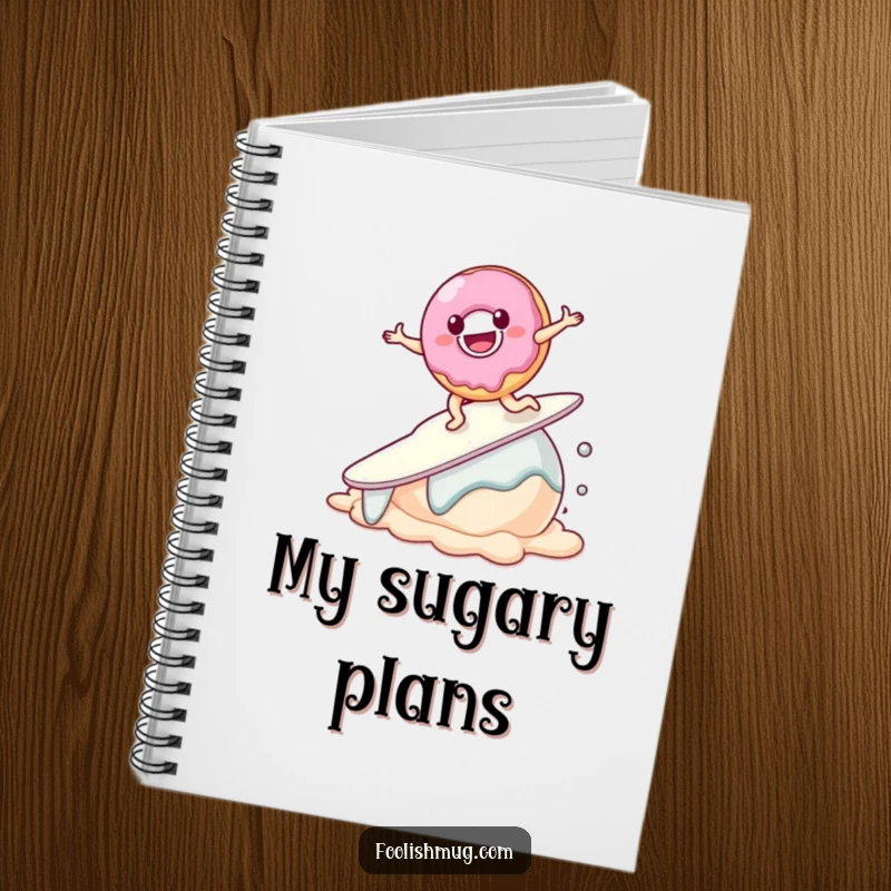 Funny Donut Notebook depicting a smiling donut character attempting to surf on a melting scoop of ice cream, perfect for notes.