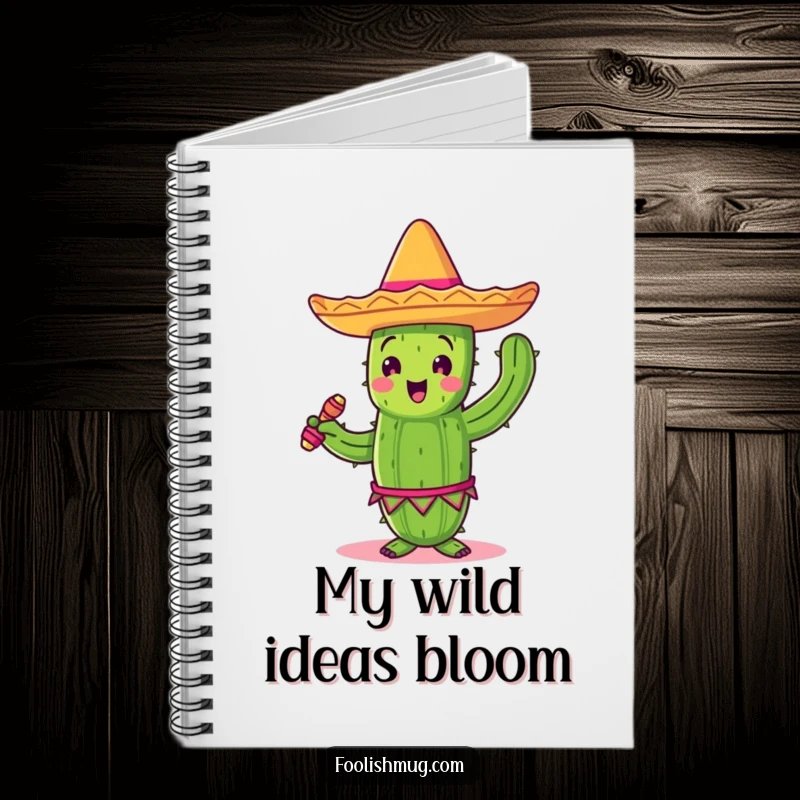 Funny dancing cactus with sombrero and maracas, on a notebook cover, for festive note-taking.