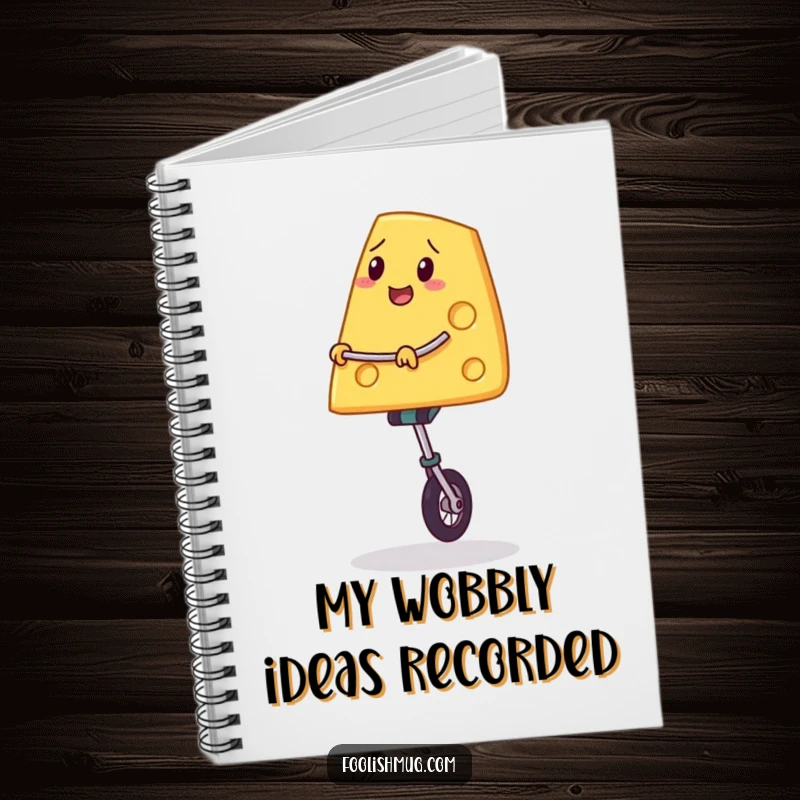 Funny notebook cover featuring a slice of cheese balancing on a unicycle, inspiring focus and creative thought.