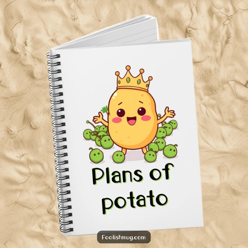 Funny potato character wearing a tiny crown and directing a pea army on a notebook, perfect for royal note-taking.