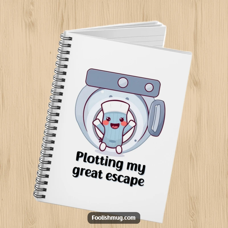 Funny sock character comically breaking free from a washing machine, a humorous notebook for jotting down funny ideas, a funny gift.