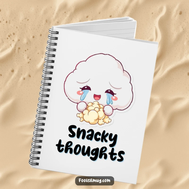 Funny notebook cover with a fluffy cloud character crying tears of joy that turn into popcorn, inspiring creative writing and cheerful note-taking.