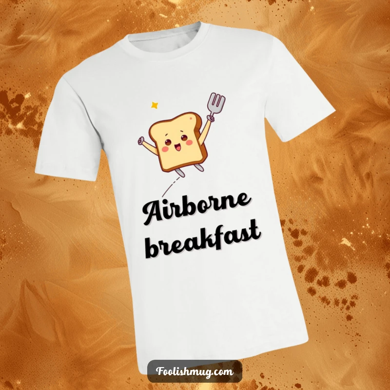 Funny T-Shirt: A jubilant piece of toast character powerfully soaring through the air on a kitchen spatula. Epic breakfast adventure.