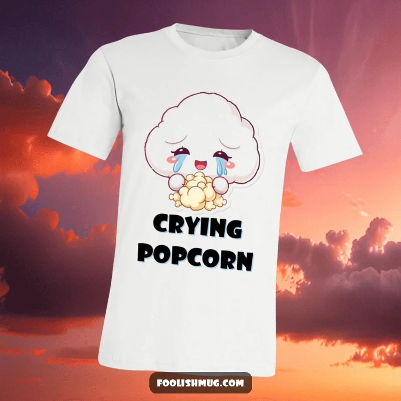 Funny t-shirt design of a fluffy cloud character crying tears of joy that magically turn into popcorn, capturing a whimsical and delightful scene.
