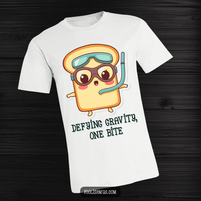 Funny bread loaf character wearing tiny goggles and snorkel, looking surprised on a t-shirt, embarking on a quirky adventure.