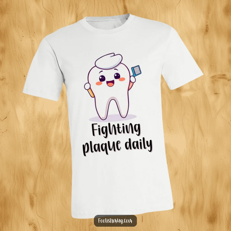 Funny T-Shirt: A smiling toothbrush character vigorously scrubs a discolored molar, highlighting dental care with humor.