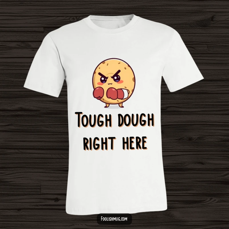 Funny t-shirt depicting a mischievous bagel character wearing small boxing gloves, displaying a determined and ready stance.