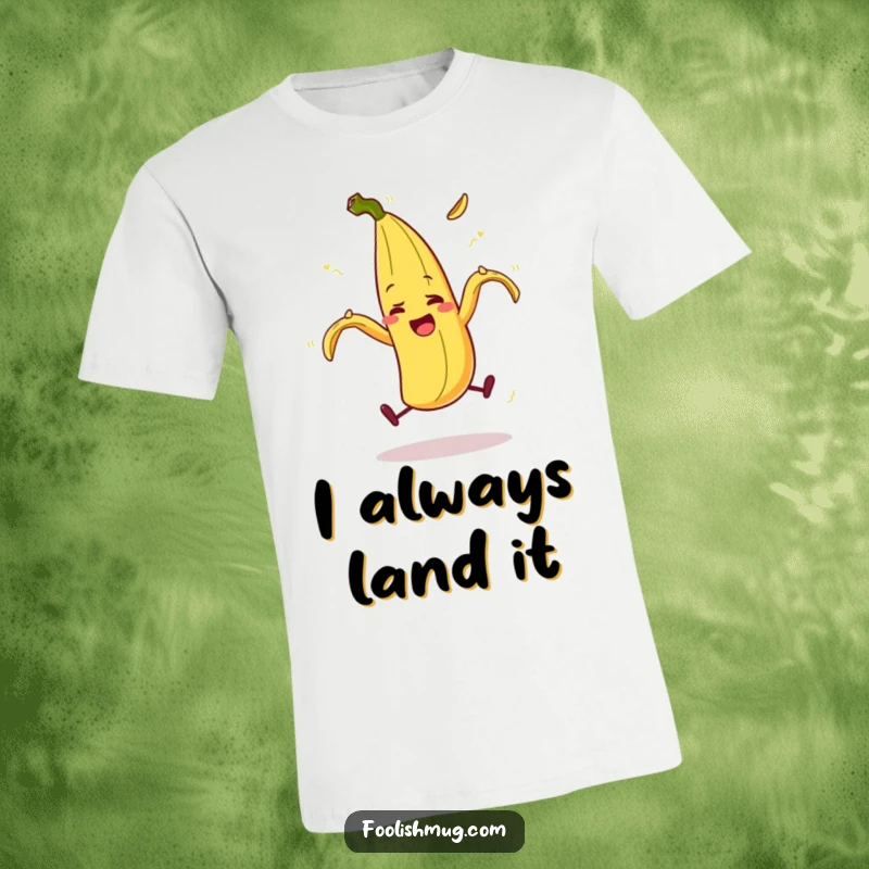 Funny banana peel character comically juggling and slipping on itself, a hilarious t-shirt, a great funny gift.