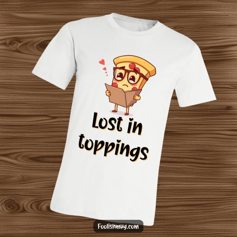 Funny t-shirt featuring a pizza slice with spectacles, looking bewildered while reading a massive menu, perfect for food lovers.