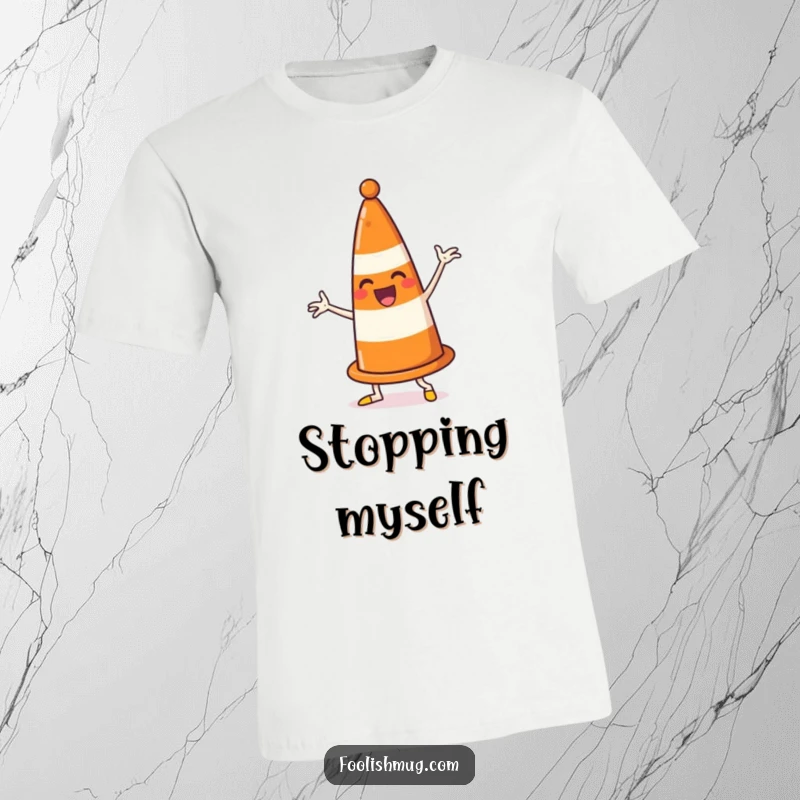 Funny traffic cone t-shirt, enthusiastically dancing and comically blocking its own path, expressing humorous self-imposed obstacles.