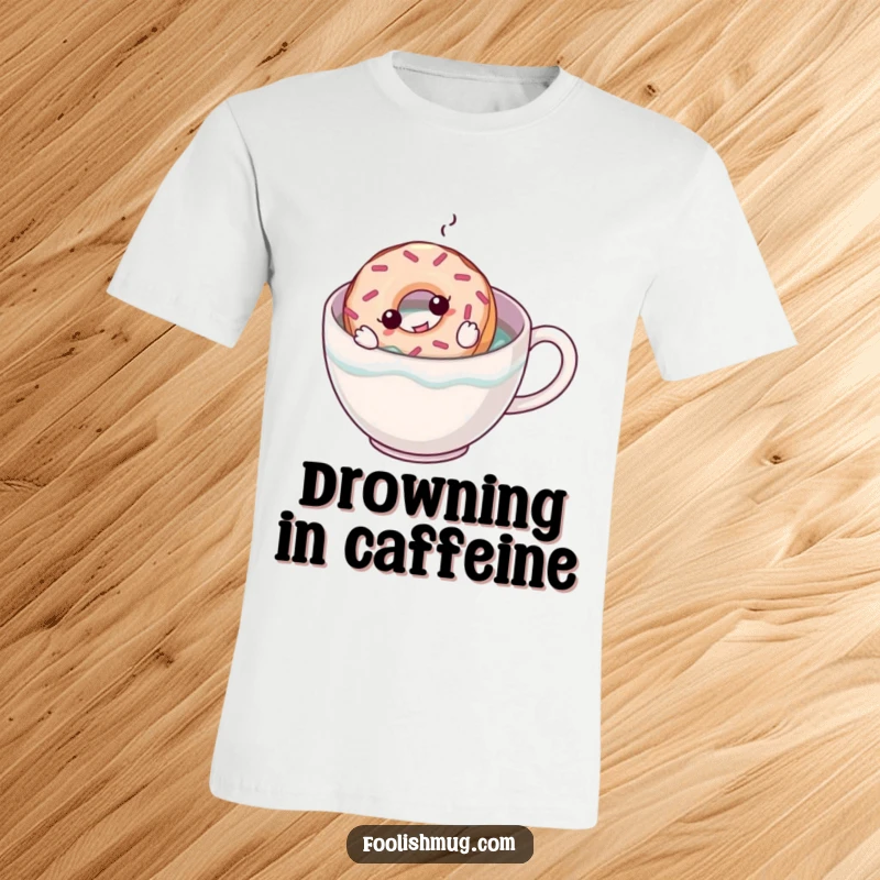 Funny t-shirt design of a donut attempting to swim in a mug of coffee, capturing a whimsical and humorous moment for breakfast lovers.