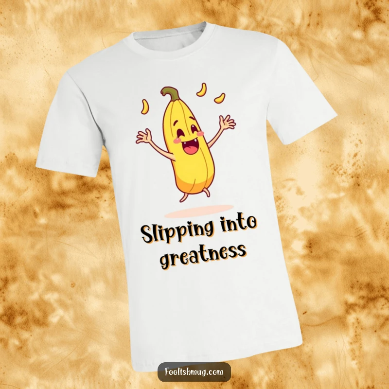 Funny juggling banana peel character comically slipping on itself with exaggerated motion on a t-shirt, a riotous apparel choice.