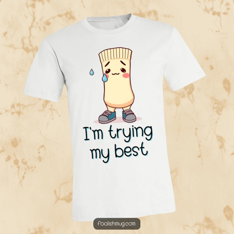 Funny T-Shirt with a nervous sock character sporting mismatched shoes and a sweatdrop, capturing a moment of comic panic.