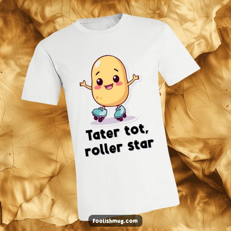 Funny potato character on roller skates wobbling precariously, a hilarious t-shirt for a funny gift.