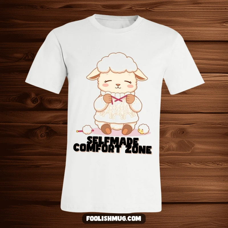Funny sheep t-shirt design, showing a sleepy sheep knitting a sweater directly from its own fluffy wool, a comical crafting illustration.